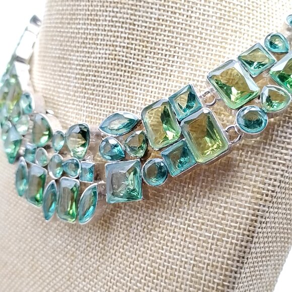 Statement Green Glass Stone Bib Necklace Silver Tone Chunky Collar Boho Jewelry - Picture 2 of 16